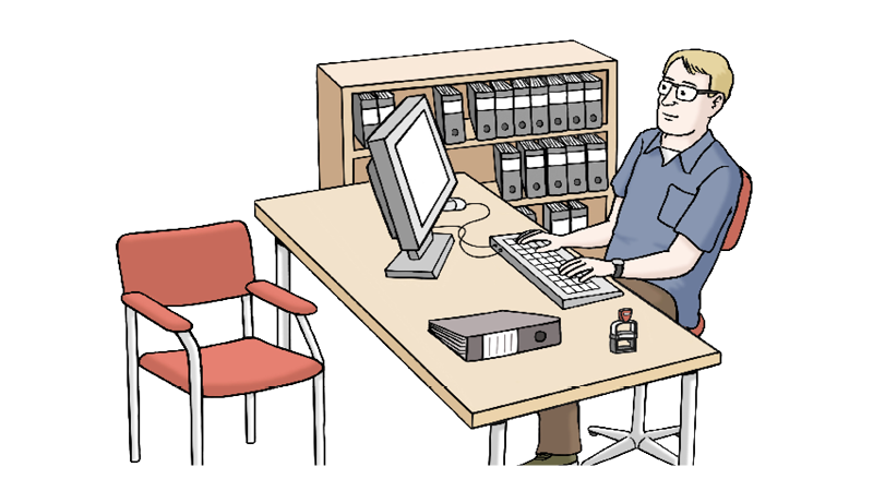 Eine Zeichnung von einem Arbeits-Platz in einem Amt. Ein Mann sitzt an seinem Schreibtisch. Er arbeitet am Computer.