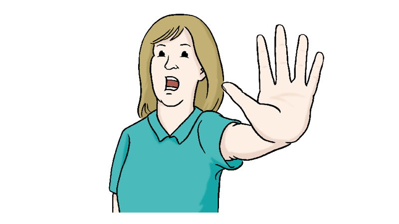 Eine Zeichnung von einer Frau. Die Frau hat den Arm ausgestreckt. Die Handfläche zeigt nach vorne. Die Frau hat den Mund geöffnet. Sie ruft Stopp