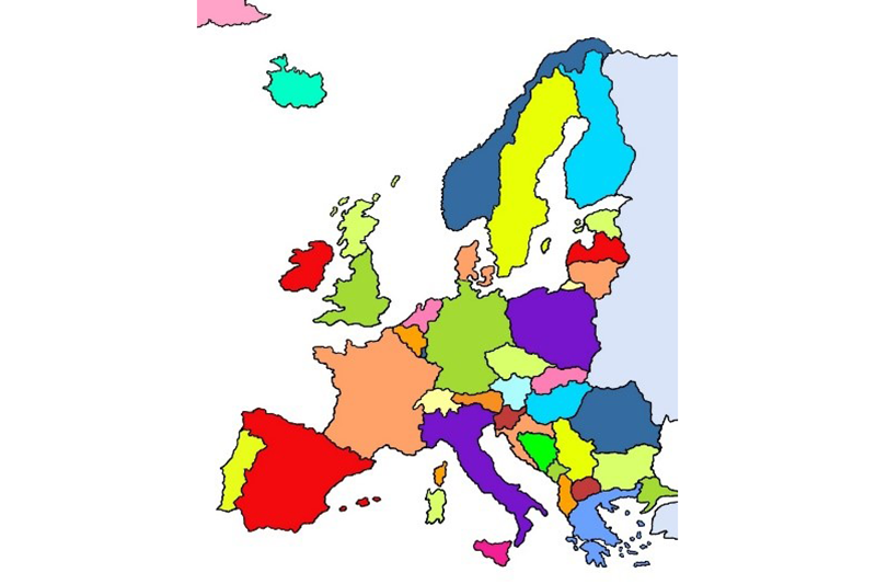 Illustration: Landkarte Europas. Die verschiedenen Länderflächen haben unterschiedliche Farben.