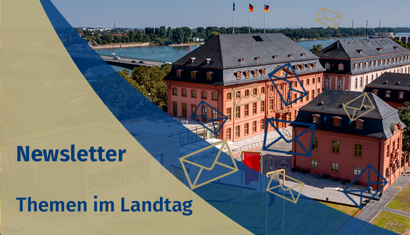 Symbolbild: Newsletter Themen im Landtag. Im Hintergrund sieht man eine Luftaufnahme des Deutschhauses.