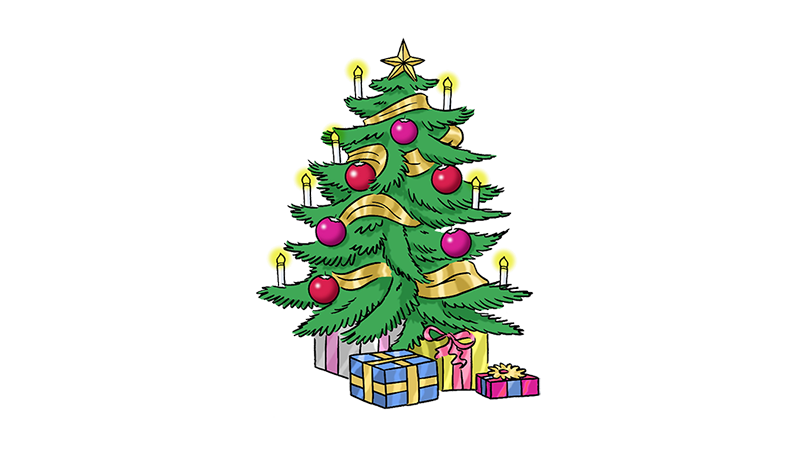 Illustration eines geschmückten Weihnachtsbaums.