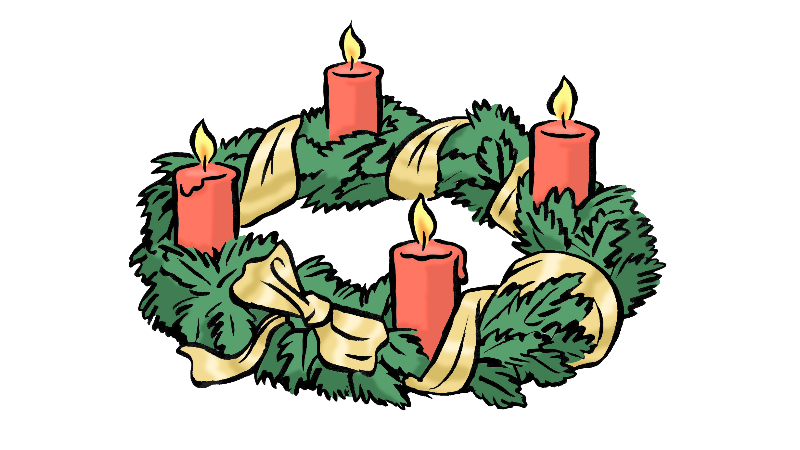 Illustration eines Weihnachtskranzes, auf dem alle 4 Kerzen brennen.