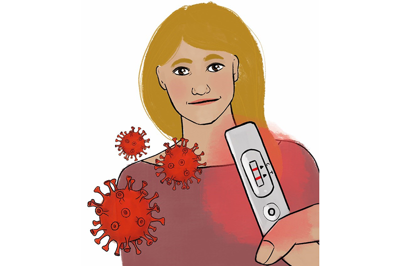 Illustration: Eine Frau zeigt ihren positiven Corona-Virus-Test.